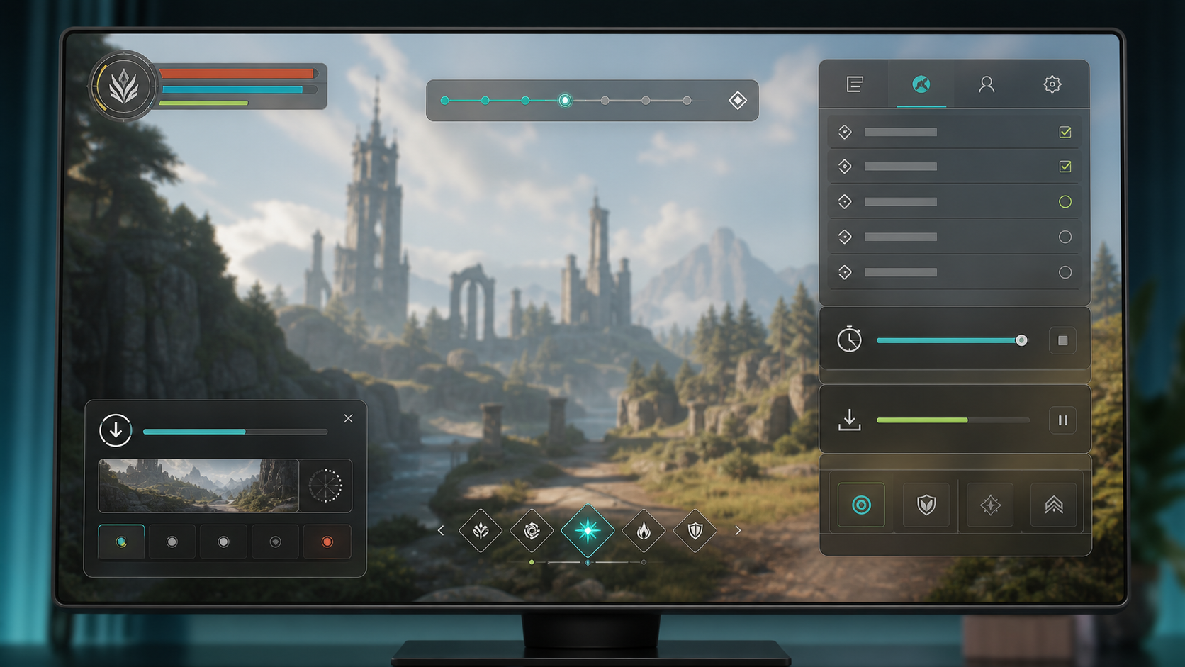 Product preview showing an overlay panel above a game screen